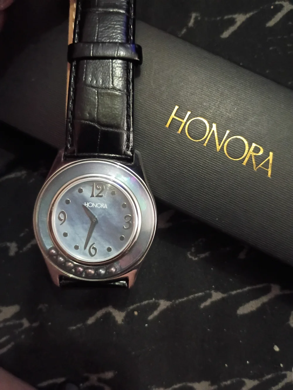 Honora Black Leather Strap Watch with Silver Case and Light Dial
